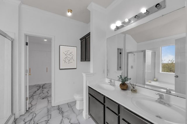 15009 Mossycup Ln, Austin, TX 78724 - bathroom featuring a shower stall, marble look tiles, toilet, double vanity, and a bath