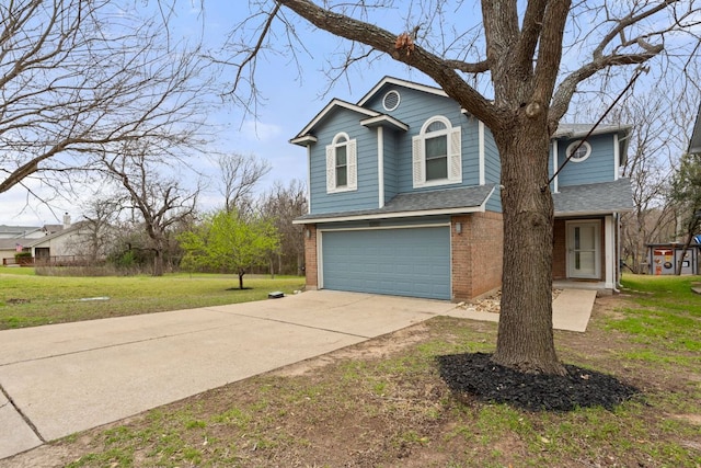 view of front of house featuring brick siding, concrete driveway, roof with shingles, an attached garage, and a front yard