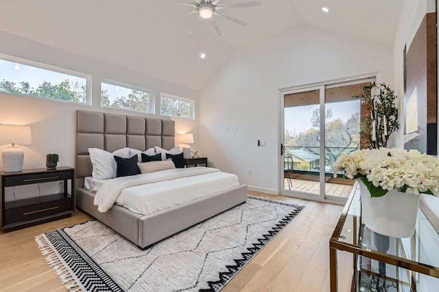 bedroom featuring light wood finished floors, baseboards, access to outside, high vaulted ceiling, and recessed lighting