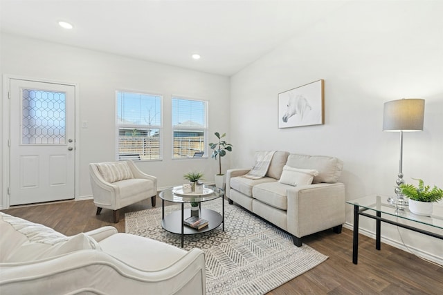 living area featuring baseboards, wood finished floors, and recessed lighting