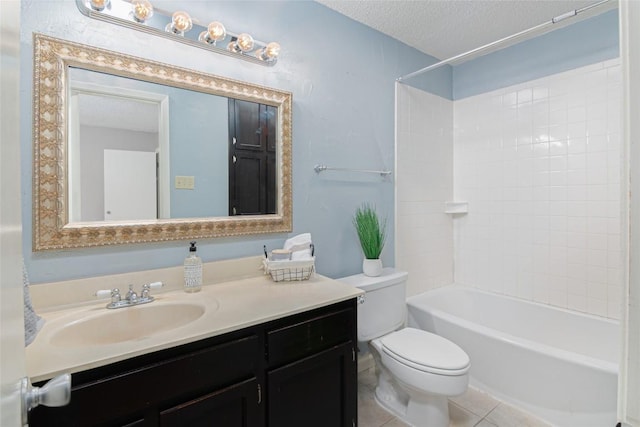 bathroom with shower / bath combination, toilet, tile patterned floors, a textured ceiling, and vanity