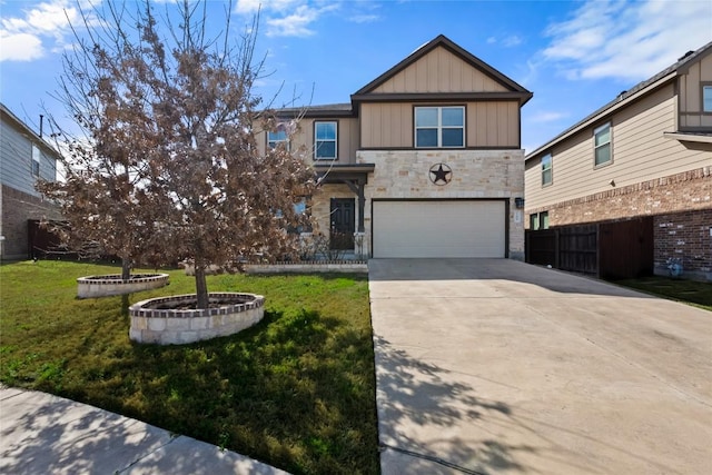 view of front facade featuring a garage, driveway, stone siding, board and batten siding, and a front yard