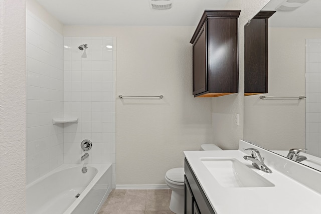 bathroom with shower / bathtub combination, tile patterned flooring, toilet, vanity, and baseboards