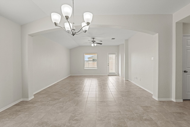 empty room featuring arched walkways, lofted ceiling, ceiling fan with notable chandelier, visible vents, and baseboards