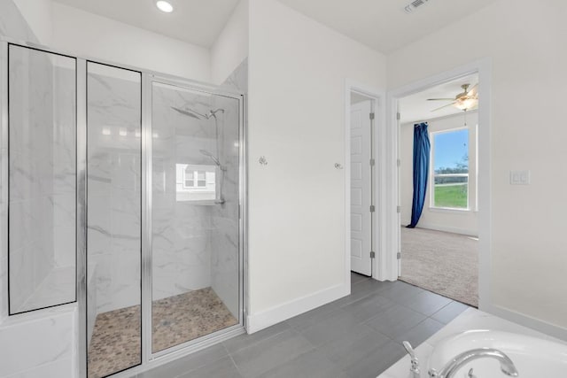 bathroom featuring a marble finish shower, recessed lighting, visible vents, baseboards, and a bath