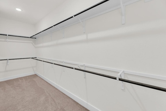 walk in closet with light carpet