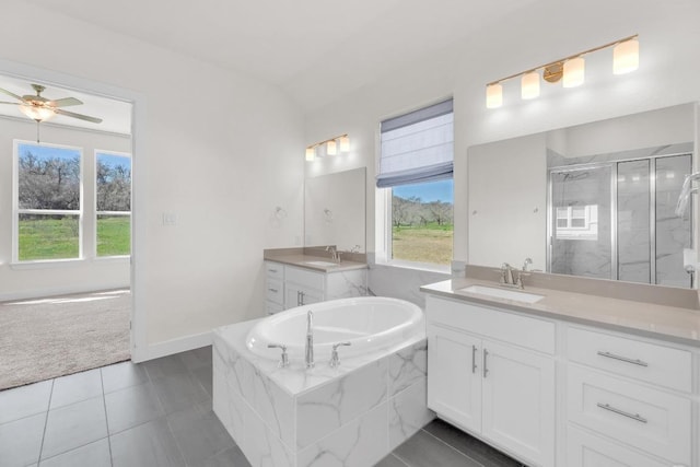 bathroom featuring two vanities, a sink, a wealth of natural light, and a shower stall