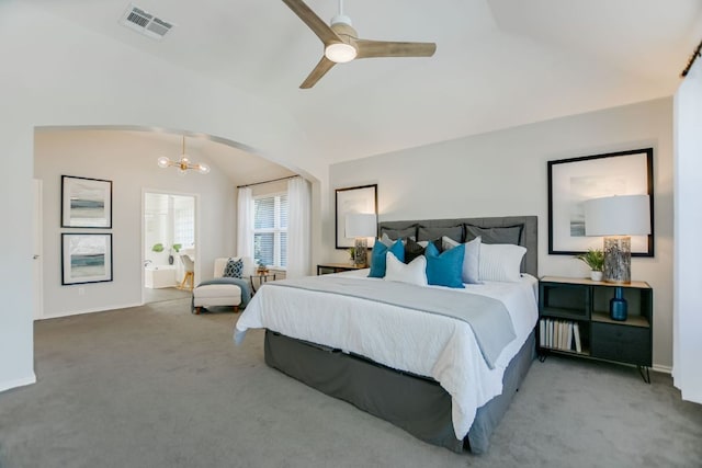 carpeted bedroom with lofted ceiling, visible vents, arched walkways, and baseboards