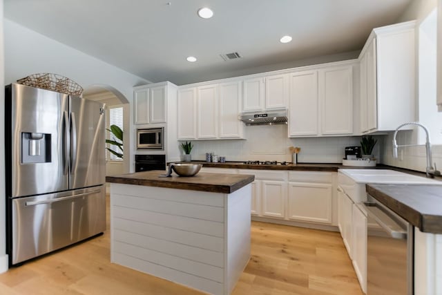 kitchen featuring under cabinet range hood, stainless steel appliances, a sink, light wood-type flooring, and decorative backsplash