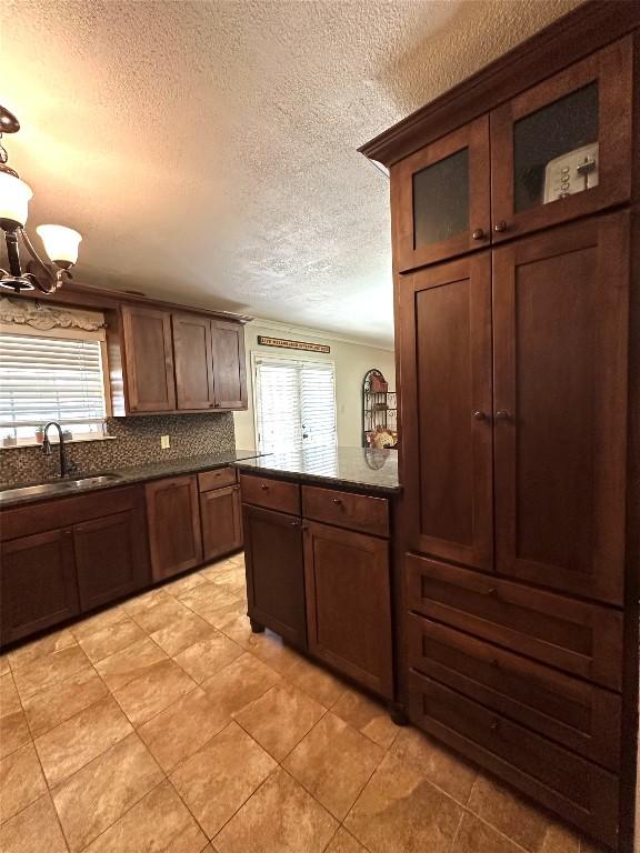 kitchen with tasteful backsplash, dark countertops, glass insert cabinets, a textured ceiling, and a sink