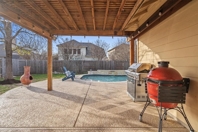 view of patio with a fenced backyard, a fenced in pool, and a grill