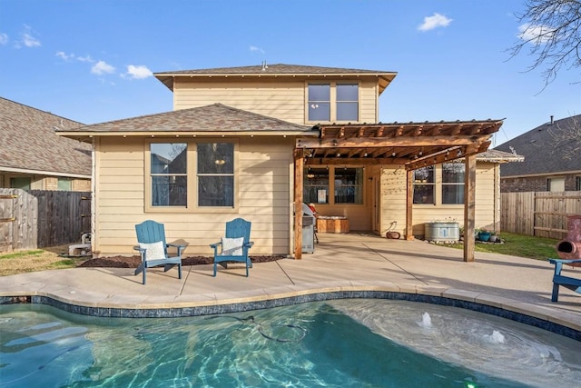 rear view of house featuring a patio, a fenced backyard, a fenced in pool, and a pergola