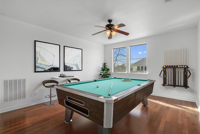 rec room featuring billiards, visible vents, baseboards, a ceiling fan, and dark wood-style floors