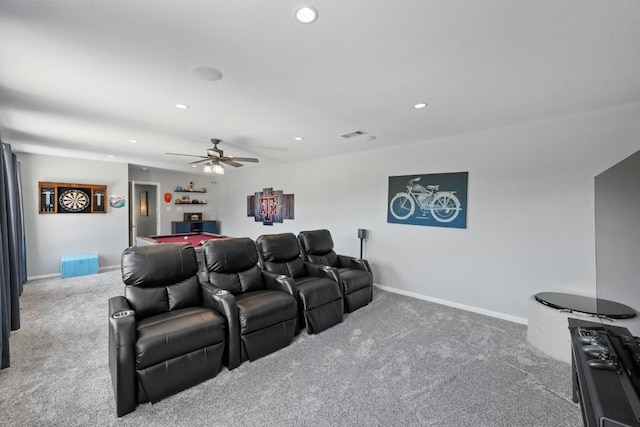 carpeted cinema with ceiling fan, baseboards, and recessed lighting