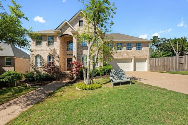 traditional-style house with a garage, driveway, fence, a front lawn, and brick siding