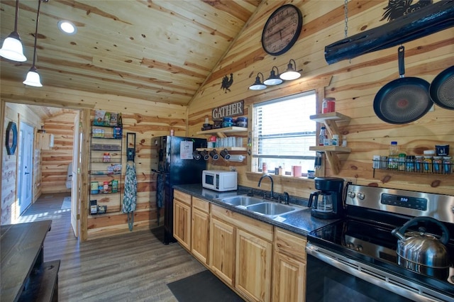 kitchen featuring stainless steel electric range oven, open shelves, lofted ceiling, white microwave, and a sink