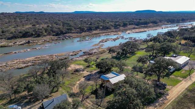 aerial view featuring a forest view and a water view