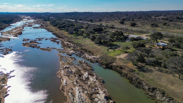 drone / aerial view featuring a water view and a view of trees