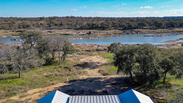 birds eye view of property with a water view and a wooded view