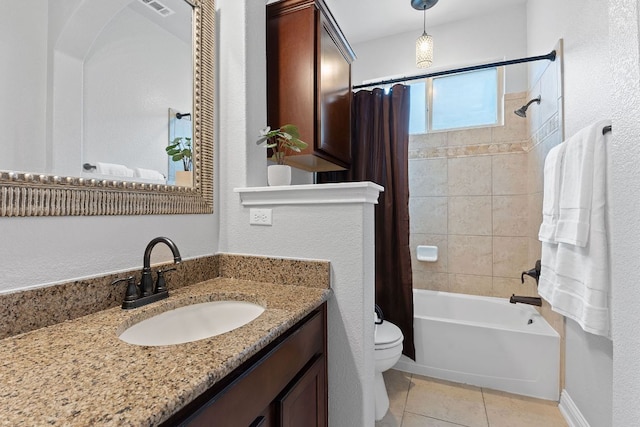 bathroom featuring tile patterned flooring, vanity, toilet, shower / bathtub combination with curtain, and visible vents