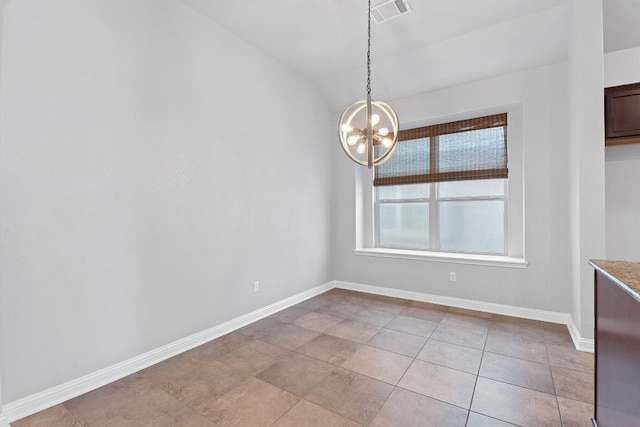 unfurnished dining area featuring light tile patterned floors, baseboards, visible vents, vaulted ceiling, and a notable chandelier