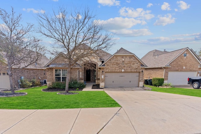 view of front of property with central AC, a front lawn, brick siding, a garage, and concrete driveway