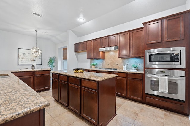 4801 Pyrenees Pass, Bee Cave, TX 78738 - kitchen with appliances with stainless steel finishes, under cabinet range hood, vaulted ceiling, decorative backsplash, and hanging light fixtures