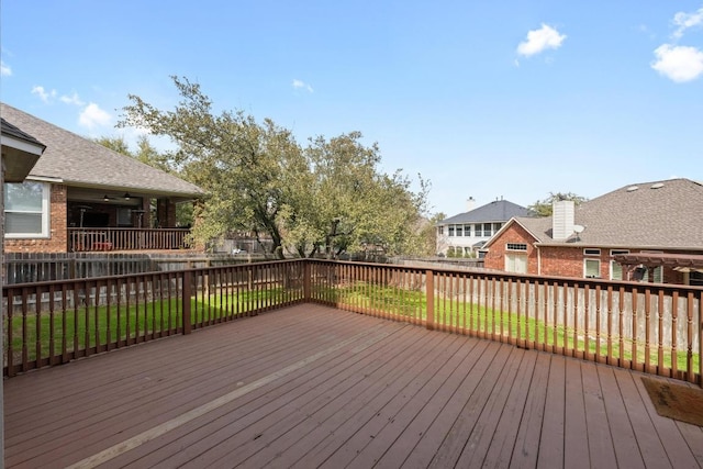 wooden deck with a yard and fence