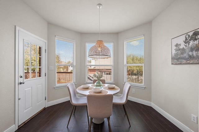 dining area with dark wood-type flooring, a healthy amount of sunlight, and baseboards