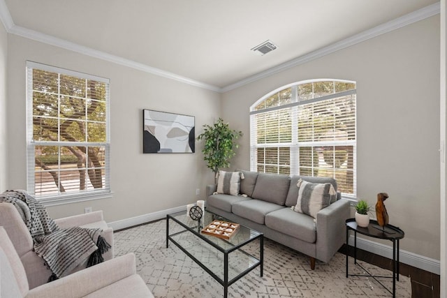 living room featuring baseboards, visible vents, and crown molding