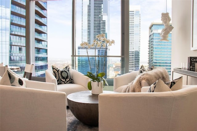 living room with a city view