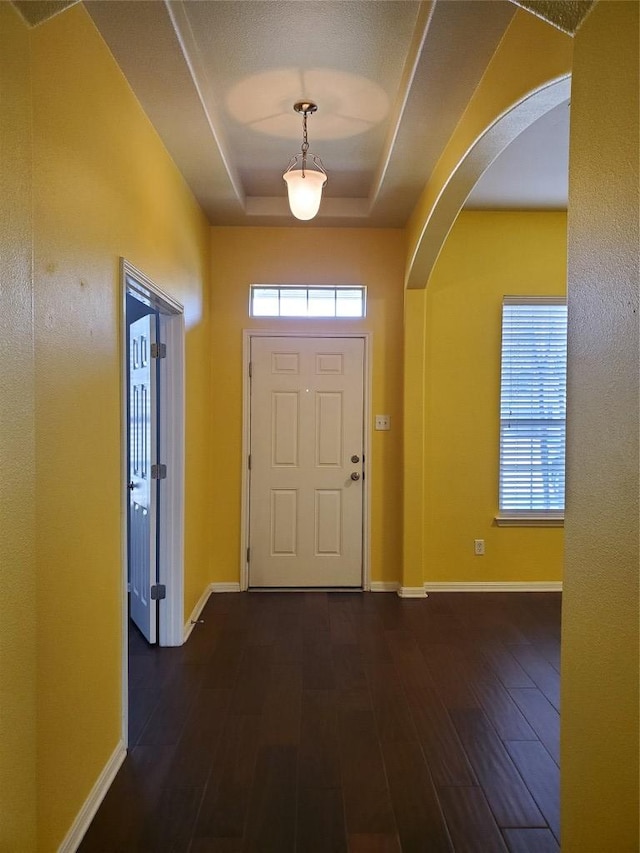 entrance foyer with dark wood finished floors, a tray ceiling, arched walkways, and a wealth of natural light