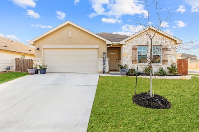 single story home with stone siding, an attached garage, fence, and stucco siding