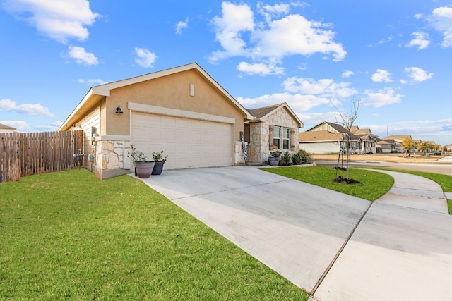 ranch-style house with a front yard, stone siding, fence, and stucco siding