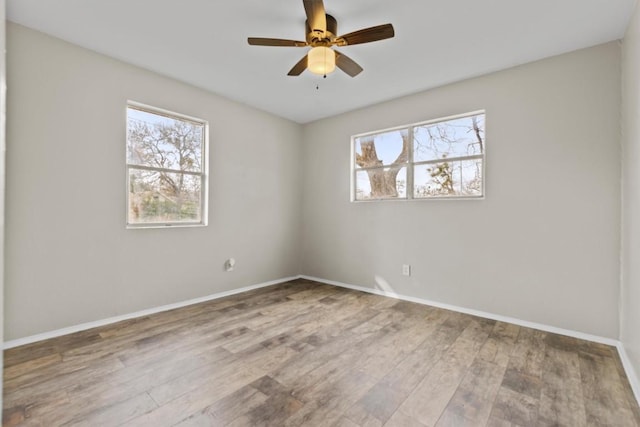 unfurnished room with baseboards, ceiling fan, wood finished floors, and a healthy amount of sunlight