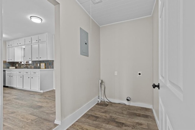 washroom with laundry area, electric panel, baseboards, light wood-style floors, and electric dryer hookup