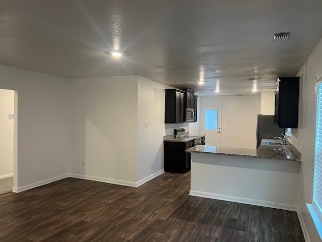 14009 John Aregood Pass, Elgin, TX 78621 - kitchen featuring dark cabinetry, stainless steel appliances, dark wood-style floors, light stone counters, and a peninsula
