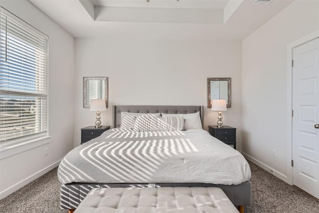 bedroom with carpet, a raised ceiling, visible vents, and baseboards