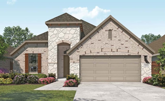 french country inspired facade featuring a garage, a shingled roof, concrete driveway, and brick siding