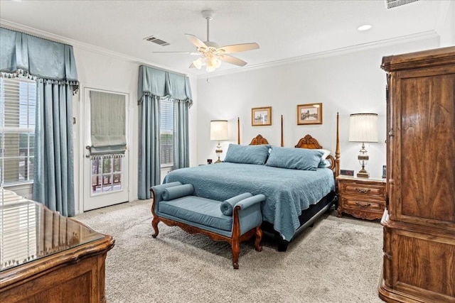 bedroom featuring visible vents, ornamental molding, a ceiling fan, light carpet, and access to outside