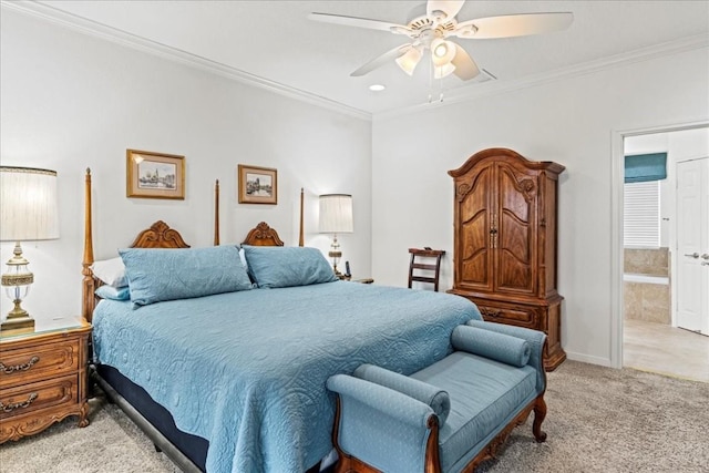 bedroom with light carpet, ornamental molding, a ceiling fan, and ensuite bathroom