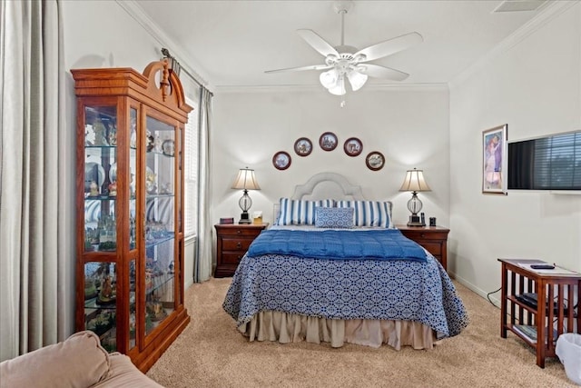 bedroom featuring light carpet, a ceiling fan, visible vents, and crown molding