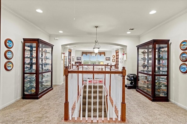 130 Cave Springs Rd, Wimberley, TX 78676 - hall with carpet, arched walkways, recessed lighting, and ornamental molding