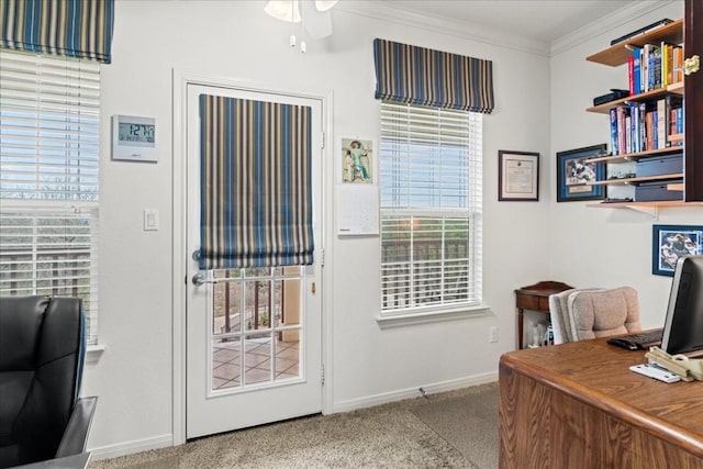 carpeted office space featuring a ceiling fan, crown molding, and baseboards