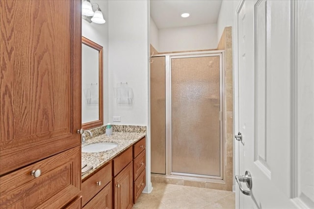 full bathroom featuring a stall shower, vanity, and tile patterned floors