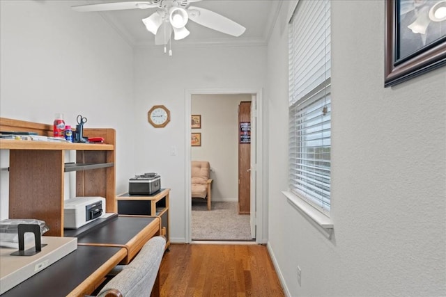 office area featuring ceiling fan, baseboards, crown molding, and wood finished floors