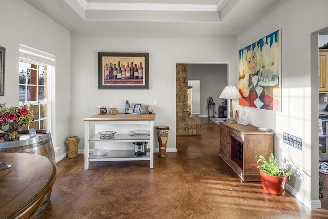 hallway featuring baseboards, concrete flooring, a tray ceiling, and ornamental molding