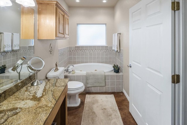 full bathroom with toilet, a jetted tub, recessed lighting, decorative backsplash, and vanity