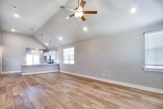 unfurnished living room featuring light wood finished floors, visible vents, a ceiling fan, high vaulted ceiling, and baseboards