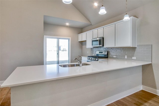 121 Pinnacle Ln, Kyle, TX 78640 - kitchen featuring stainless steel appliances, wood finished floors, backsplash, light countertops, and a sink